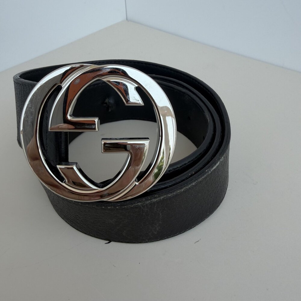 Gucci Interlocking G Black Leather Belt with Silver Buckle size 95/38